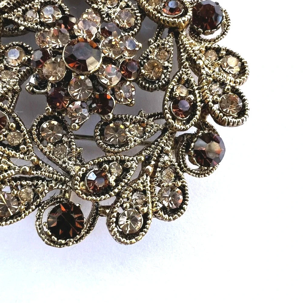 Statement Piece Brooch Costume Jewelry Gold Red Clear Rhinestones Party